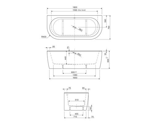 Teknisk ritning av ett badkar med mått