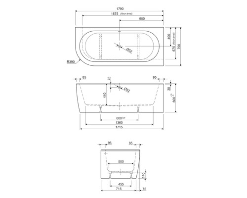 Teknisk ritning av ett badkar med mått