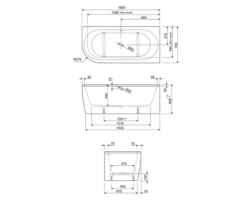 Teknisk ritning av ett badkar med mått