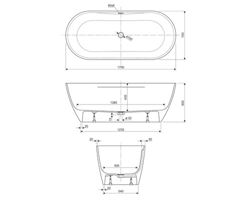 Teknisk ritning av ett fristående badkar med dimensioner