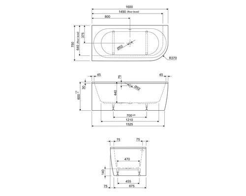 Teknisk ritning av ett badkar med mått