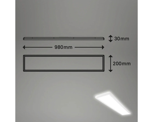 Teknisk ritning av en LED-panellampa med måtten 980 mm längd, 200 mm bredd och 30 mm höjd.