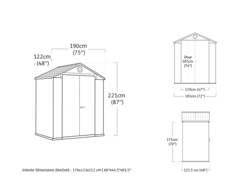 Måttritning av ett trädgårdsskjul med bredd-, djup- och höjdmått