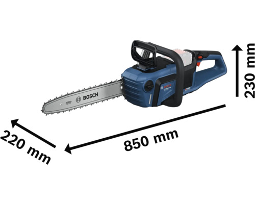 Bosch batteridriven motorsåg med storleksangivelser