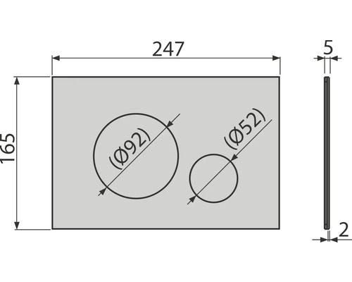 Teknisk ritning av en platta med två urtag och måttangivelser