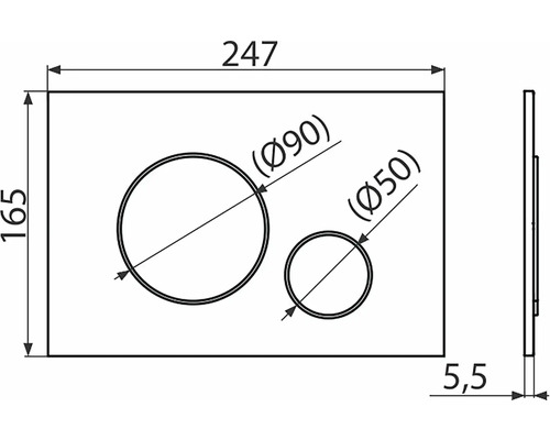 Teknisk ritning av en manöverpanel med måtten 247 x 165 millimeter och diametrar på 90 och 50 millimeter.
