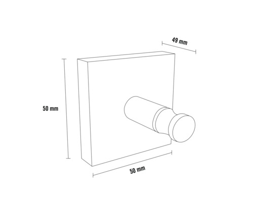 Skiss av en väggmonterad klädhängare som mäter 50 gånger 50 gånger 49 millimeter