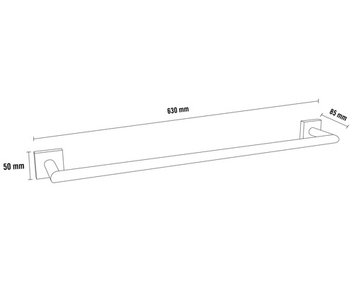 Handdukshängare med måtten 630 mm längd, 50 mm höjd och 85 mm bredd.