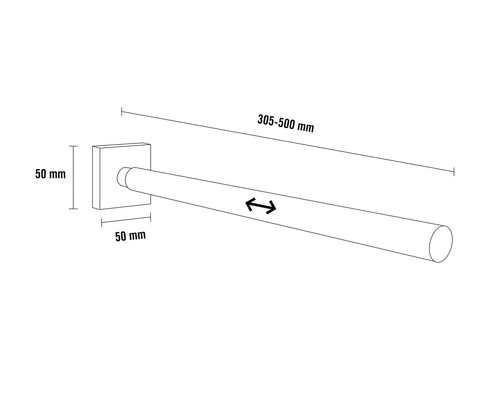 Teknisk ritning av en utdragbar stång med måtten 305 till 500 millimeter och ett fyrkantigt fäste på 50 gånger 50 millimeter
