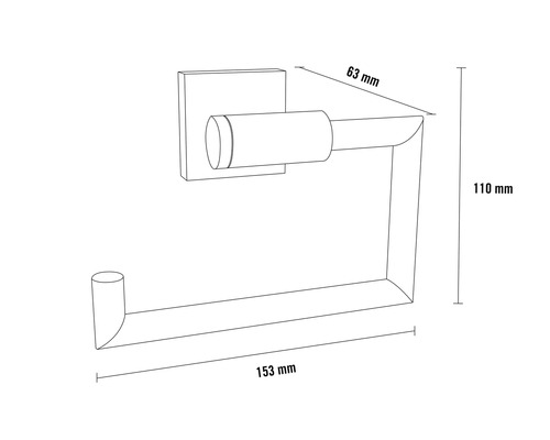 Bild av en toalettpappershållare med måtten 63 mm, 110 mm och 153 mm.