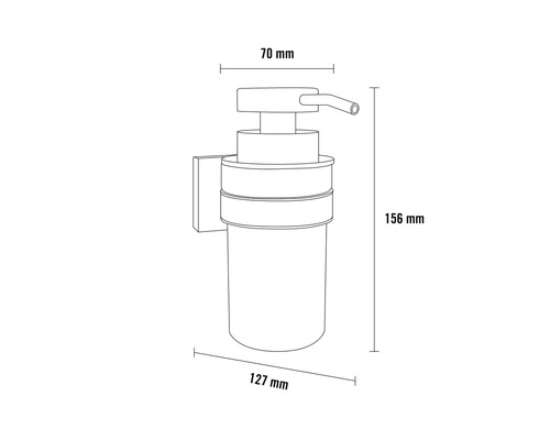 Teknisk ritning av en tvålpump med väggfäste och måttangivelser