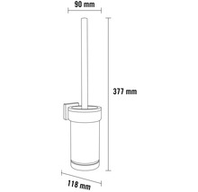 Mått på en vägghängd toalettborstgarnitur med en höjd på 377 mm, en bredd på 118 mm och ett djup på 90 mm.