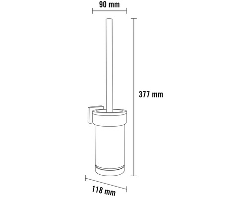 Mått på en vägghängd toalettborstgarnitur med en höjd på 377 mm, en bredd på 118 mm och ett djup på 90 mm.
