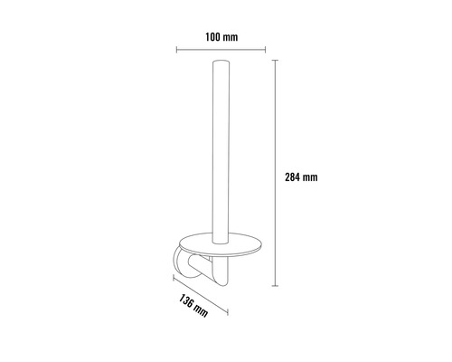 Teknisk ritning av en toalettpappershållare med måtten 100 mm, 284 mm och 136 mm.