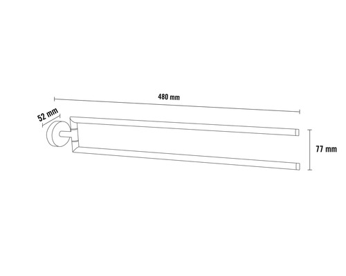 Bild av en handdukshängare med måtten 480 mm längd, 77 mm höjd och 52 mm djup.