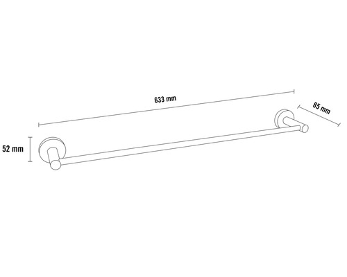 Handdukshållare med måtten 633 mm längd, 52 mm höjd och 85 mm djup.