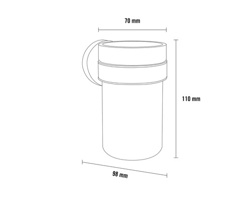 Teknisk ritning av en behållare med måtten 70 mm, 98 mm och 110 mm.