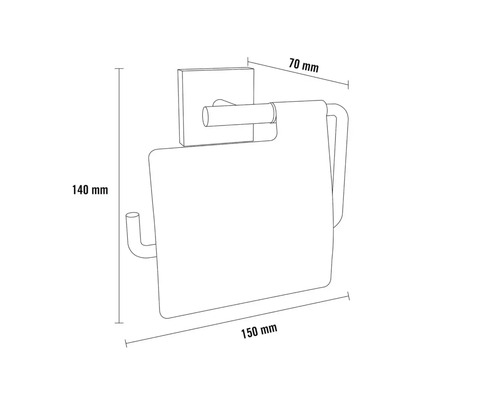 Teknisk ritning av en toalettpappershållare med måtten 70 mm djup, 140 mm höjd och 150 mm bredd.