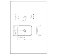 Teknisk ritning av ett tvättställ för bänkskiva med mått