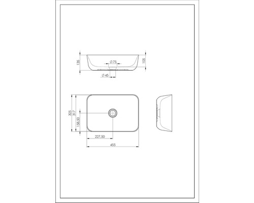 Teknisk ritning av en tvättställsskål med måttangivelser