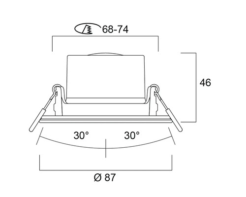 Teknisk ritning av en infälld armatur med mått