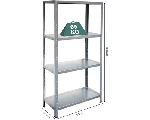 Metallhylla med tre hyllor, 800 millimeter bred, 350 millimeter djup och 1580 millimeter hög