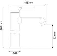Teknisk ritning av en armatur med mått: höjd 162 mm, räckvidd 156 mm, höjd till utlopp 92 mm, basdiameter 49 mm.