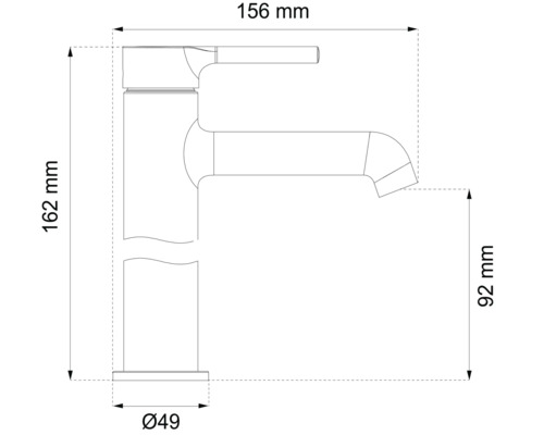 Teknisk ritning av en armatur med mått: höjd 162 mm, räckvidd 156 mm, höjd till utlopp 92 mm, basdiameter 49 mm.