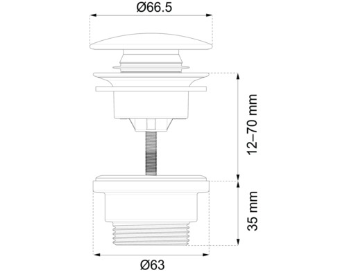 Teknisk ritning av en ventil med måtten diameter 66,5 mm, höjd 12 till 70 mm och 35 mm, samt diameter 63 mm.
