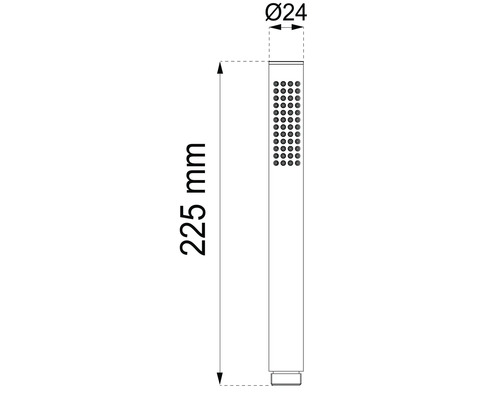 Teknisk ritning av en handdusch med mått: 225 mm längd och 24 mm diameter.
