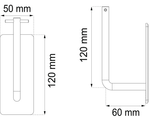 Teknisk ritning av en toalettpappershållare med måtten 50 mm, 120 mm och 60 mm.