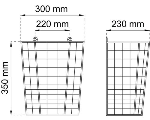 Teknisk ritning av en trådkorg med måtten 300 mm bred, 350 mm hög och 230 mm djup