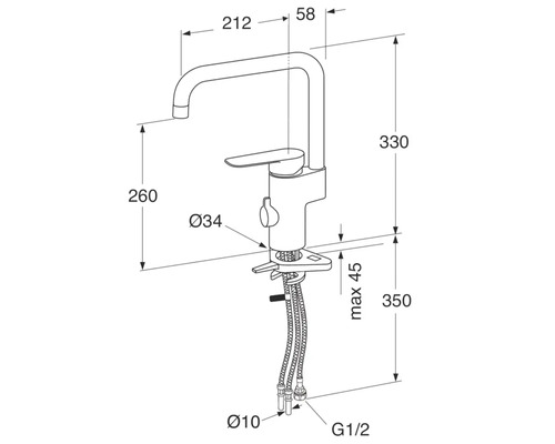 Teknisk ritning av en köksblandare med dimensioner
