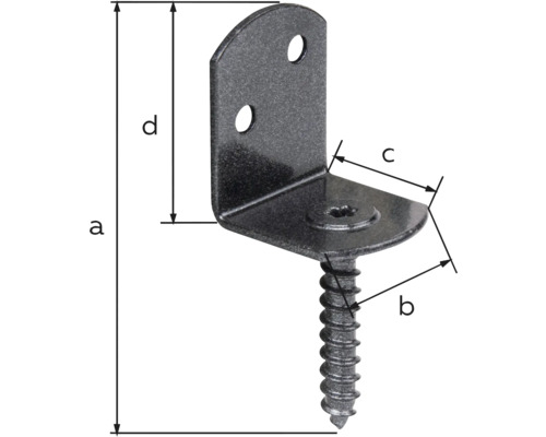 Vinkelbeslag med skruv och måttangivelser