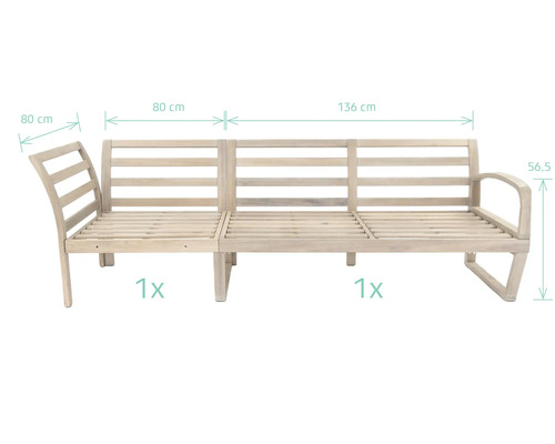 Träbänk med måtten 80 cm, 80 cm, 136 cm och 56,5 cm