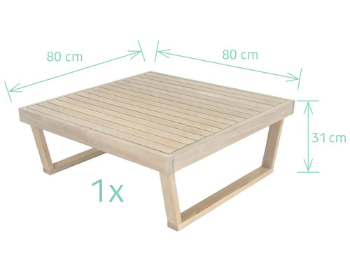 Fyrkantigt trädgårdsbord i trä med måtten 80 x 80 x 31 cm.