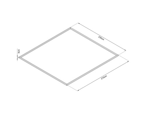 Teknisk ritning av en ram med måtten 210 cm gånger 230 cm och en ramtjocklek på 4 cm.