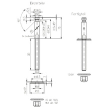 Teknisk ritning av enskilda delar, en färdig del och lösa delar med mått