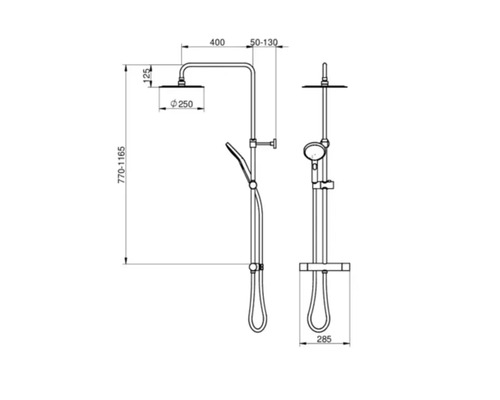 Teknisk ritning av en duschblandare med olika dimensioner.