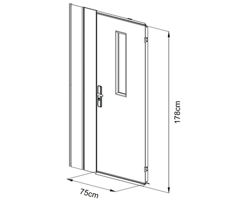 Teknisk ritning av en dörr med fönster och måtten 178 cm hög och 75 cm bred.