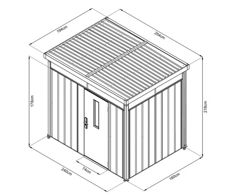 Teknisk ritning av ett trädgårdsskjul med mått