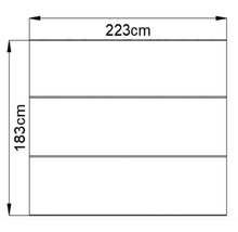 Teknisk ritning med dimensioner: 223 cm bred och 183 cm hög.
