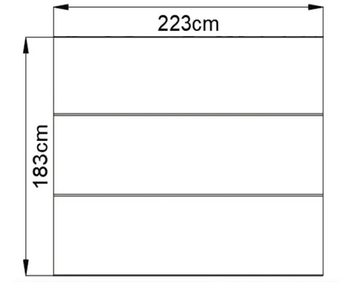 Teknisk ritning med dimensioner: 223 cm bred och 183 cm hög.