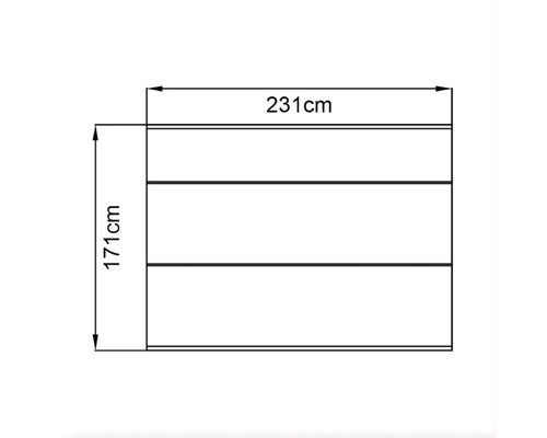 Teknisk ritning av ett skåp som mäter 231 x 171 centimeter