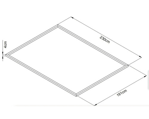 Bild av en rektangulär träram som mäter 230 cm gånger 191 cm och en ramtjocklek på 4 cm.