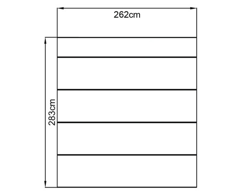 Teknisk ritning med mått: 262 cm bred och 283 cm hög