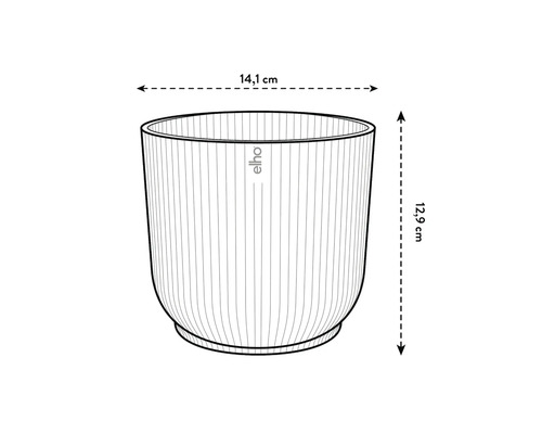 Skiss av en blomkruka som mäter 14,1 cm bred och 12,9 cm hög