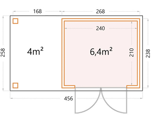 Ritning över ett trädgårdshus som mäter 258 gånger 168 centimeter och 238 gånger 268 centimeter