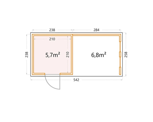 Planlösning av ett trädgårdshus med två rum och måtten 5,7 kvadratmeter och 6,8 kvadratmeter
