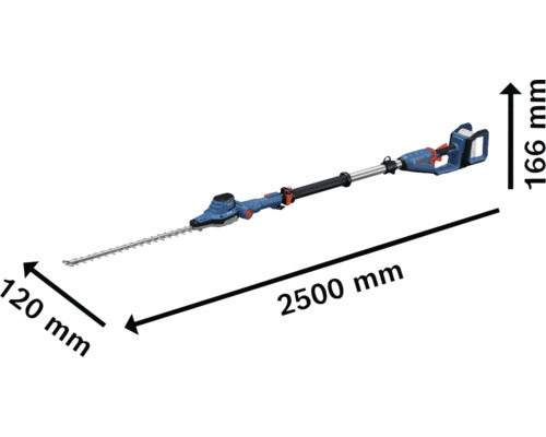 Bild på en häcksax med måtten 2500 mm längd, 120 mm bredd och 166 mm höjd.